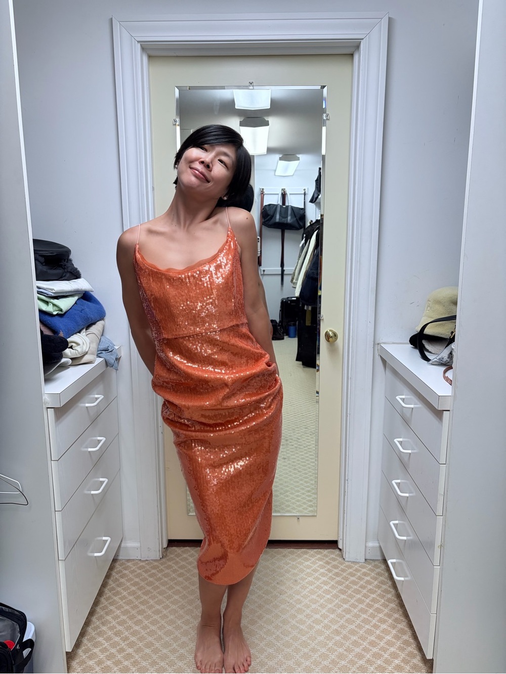 NWOT Roland Mouret Sequin Slip Midi Dress in Orange, Size US 6